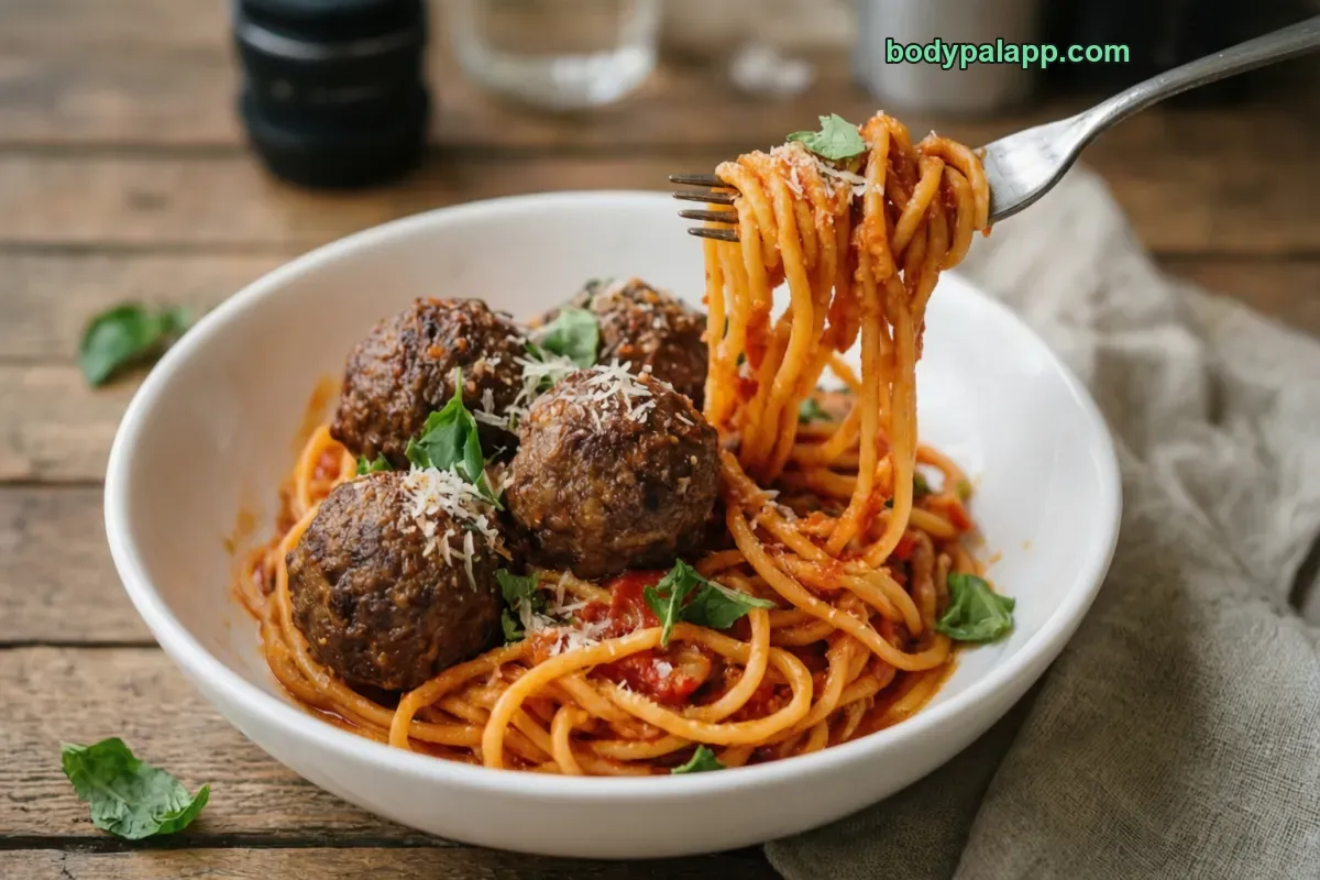 Meatballs and pasta, restaurant style, in sauce