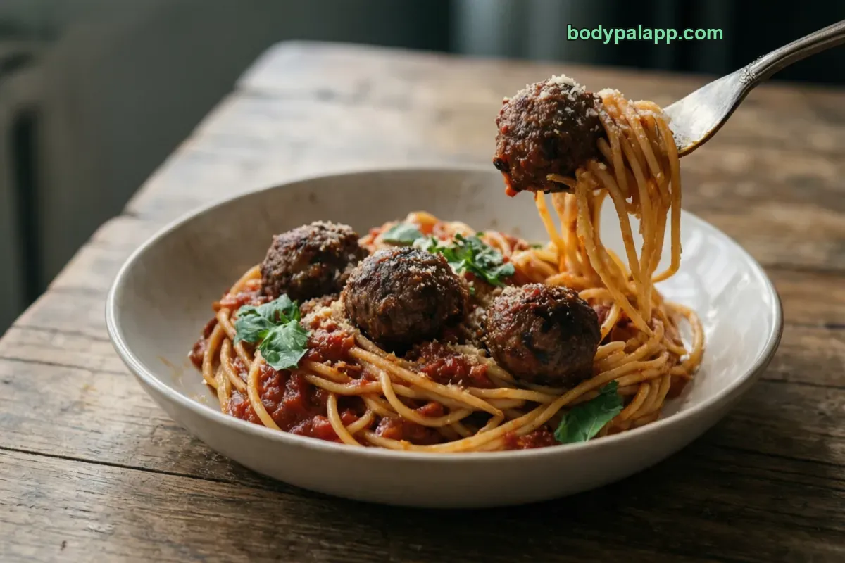 Meatballs and spaghetti, restaurant style, with tomato sauce