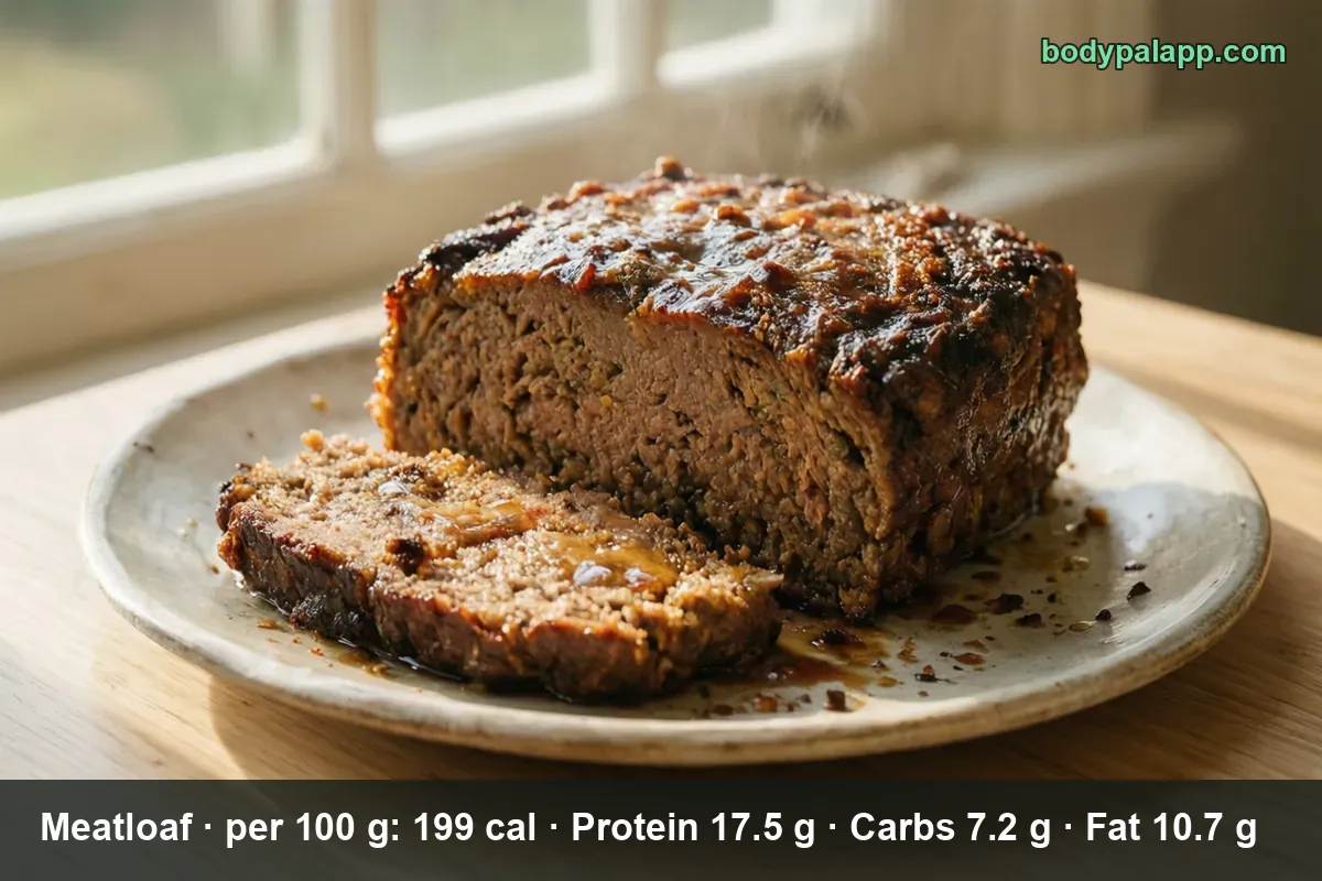 Whole baked meatloaf with a dark glaze on a ceramic plate with one thick slice cut in front - 215 calories per medium slice