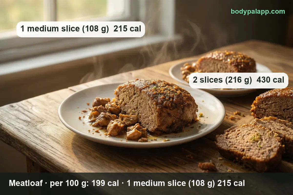 Three servings of meatloaf - a plate with a slice and vegetables, a second plate behind it and slices on a wooden board - 1 medium slice (108 g) 215 calories