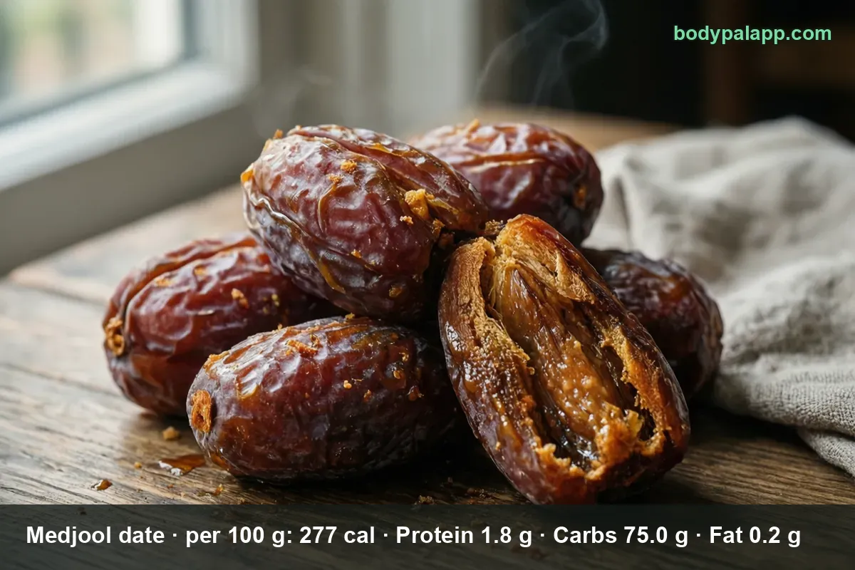 Close-up pile of five glossy Medjool dates, one halved at the front, with crumbs on a wooden table.