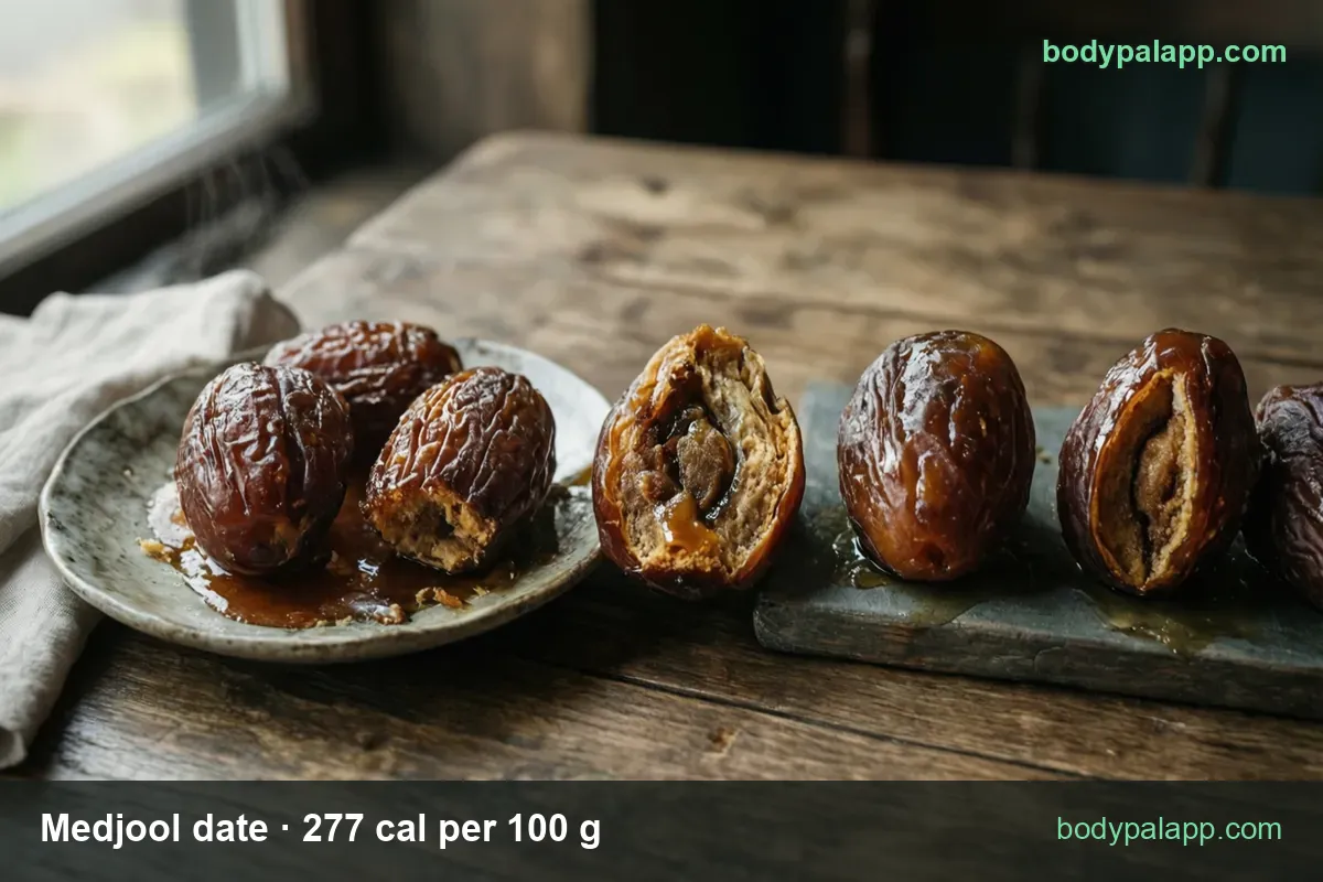 Ceramic plate with three whole Medjool dates and one halved in caramel syrup, next to four dates on stone: 1 date 66 cal, 4 dates 266 cal.