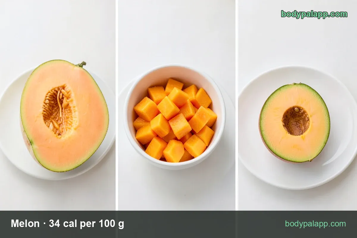 Two plates with large cantaloupe wedges, rind and seeds; 1 wedge (102 g) 35 cal and 1 cup diced (156 g) 53 cal