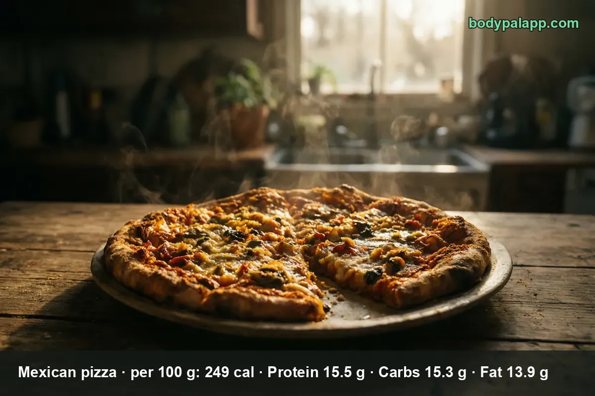 Whole Mexican pizza with melted cheese, tomato and green herbs, one slice lifted onto a flat plate, steam rising