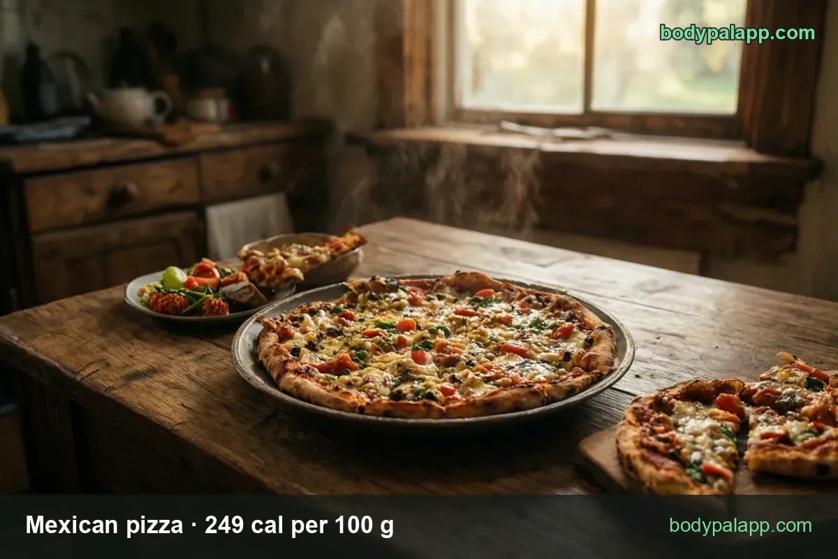 Mexican pizza in a metal pan with two slices on a board, labeled 1 pizza 100 g 249 cal and 1 cup 120 g 299 cal