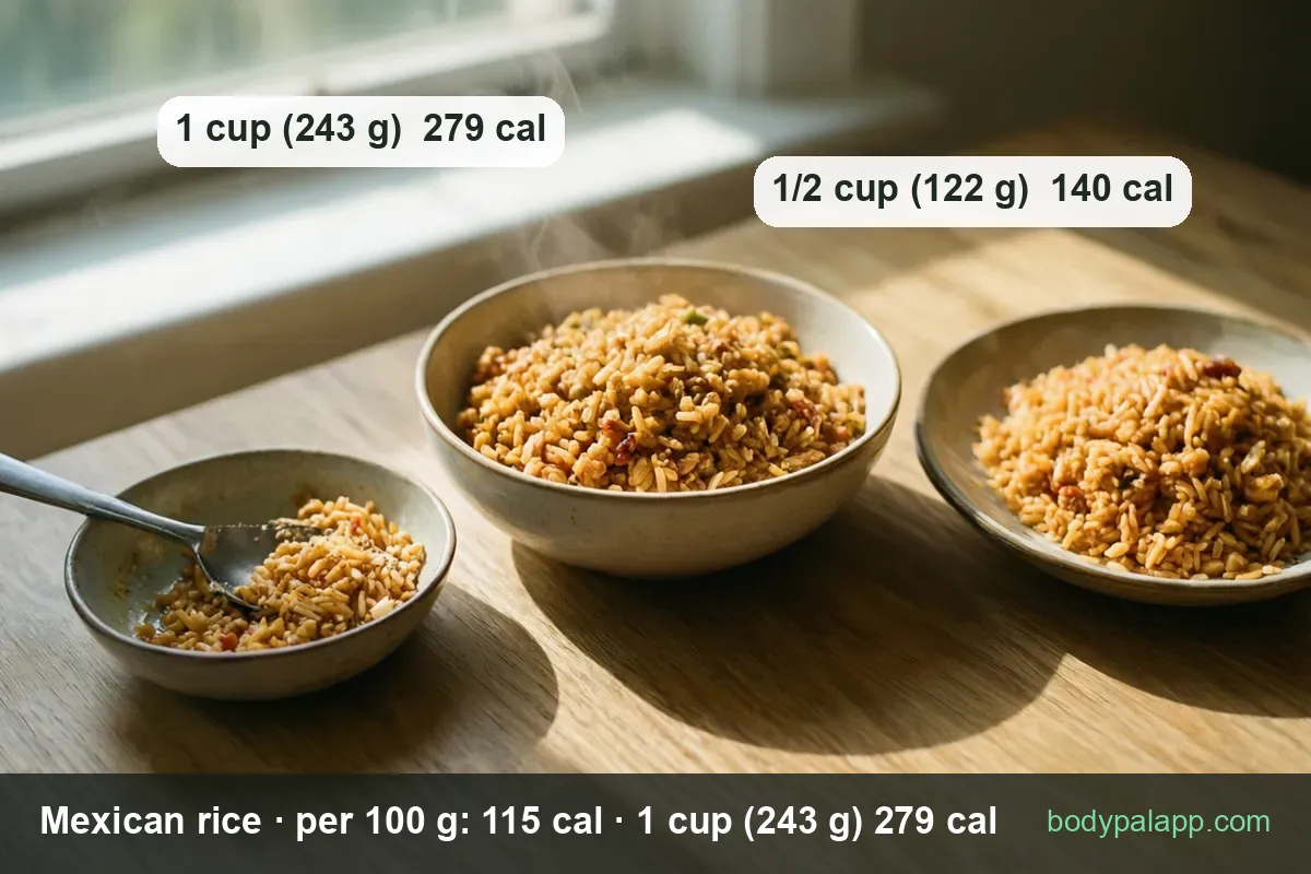 Large bowl of heaped Mexican rice, small bowl with a spoon, plate: 1 cup (243 g) 279 cal and 1/2 cup (122 g) 140 cal