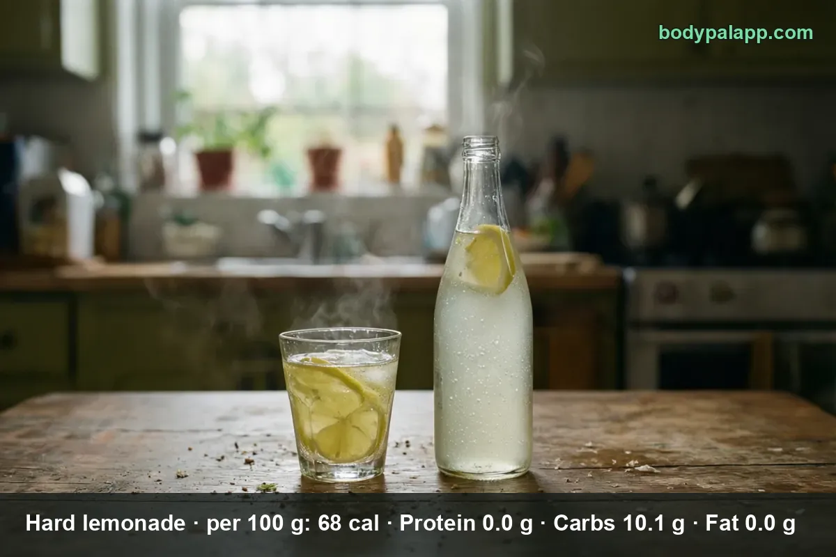 Glass of hard lemonade with lemon slices beside an unlabeled clear bottle holding a lemon
