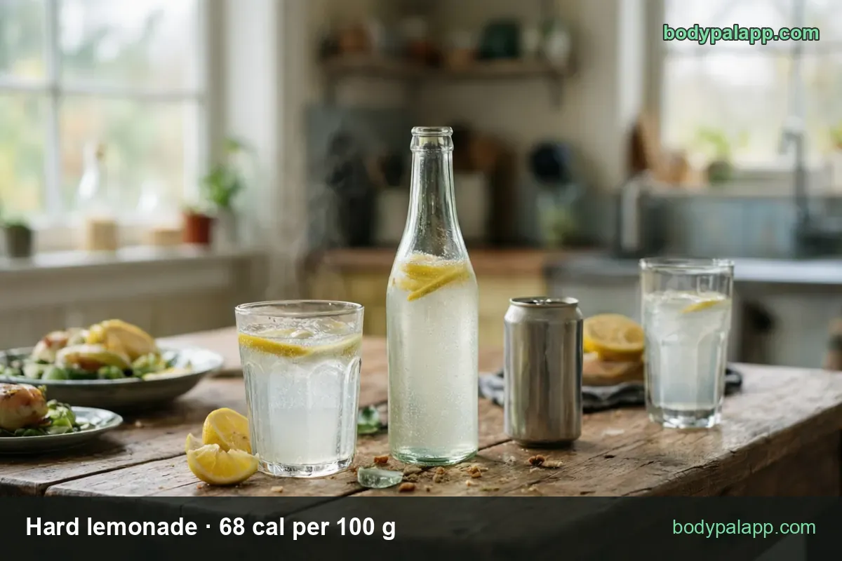 Unlabeled bottle and plain silver can with a tall glass and lemon halves; 11.2 fl oz bottle 228 cal, 12 fl oz can 244 cal