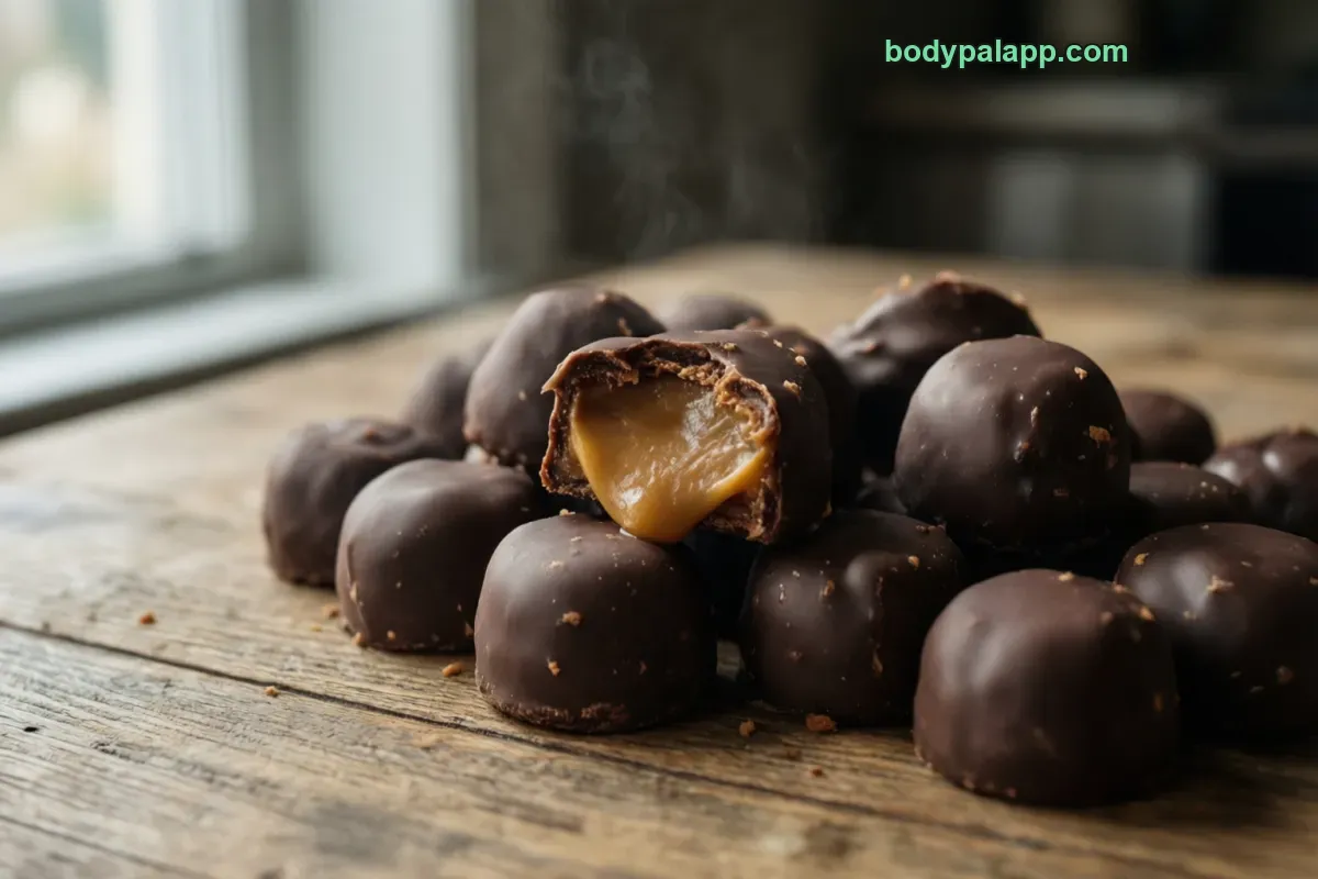 Milk duds, caramel-filled chocolate candy