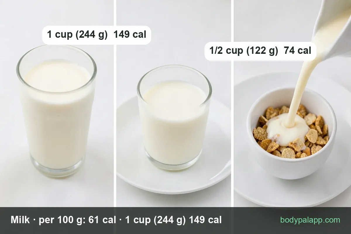 Milk with two serving chips: 1 cup (244 g) 149 cal and 1/2 cup (122 g) 74 cal