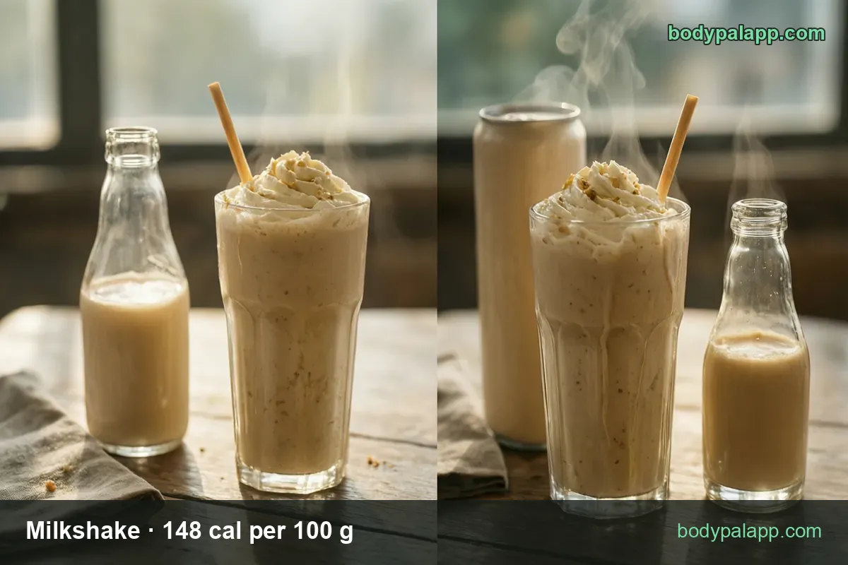 Glass of milkshake with whipped cream and a straw next to a milk bottle, labeled 1 small (405 g) 599 cal and 1 cup (224 g) 332 cal