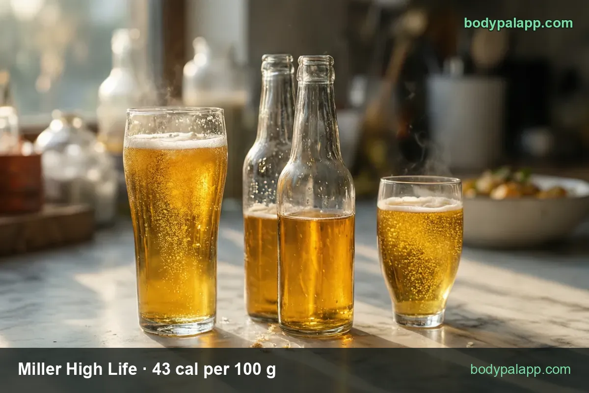 Large glass of golden beer with foam, two clear unlabeled bottles and a small beer glass on marble, with 1 pint 204 cal and 12 fl oz 153 cal