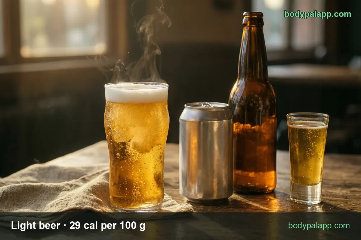 Glass of light beer with foam, unlabeled silver can and brown bottle on a wooden table; chips 12 fl oz 103 cal and 16 fl oz 139 cal