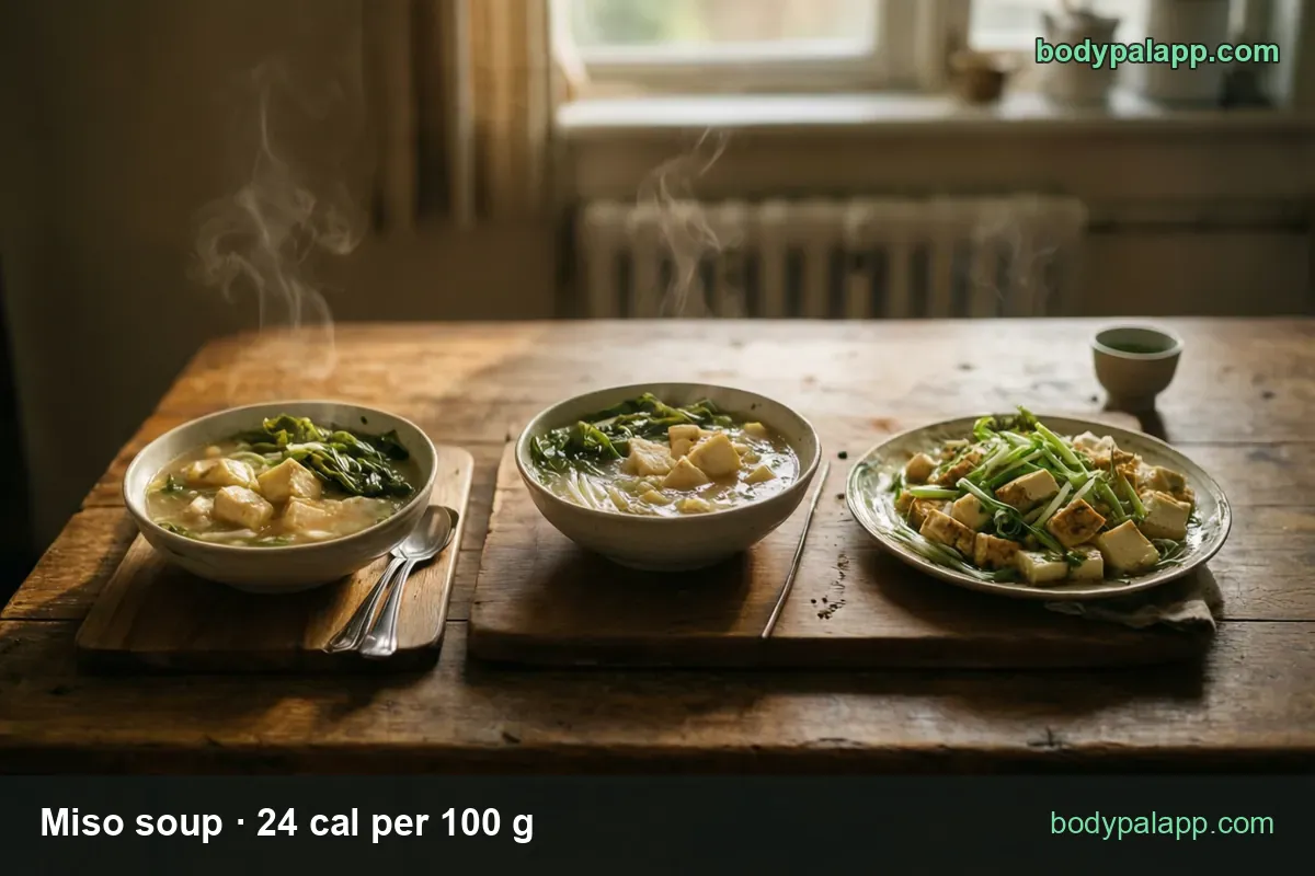 Two bowls of miso soup with tofu and greens plus a plate of drained tofu with scallions; 1 cup (245 g) 59 cal and 1/2 cup (123 g) 29 cal