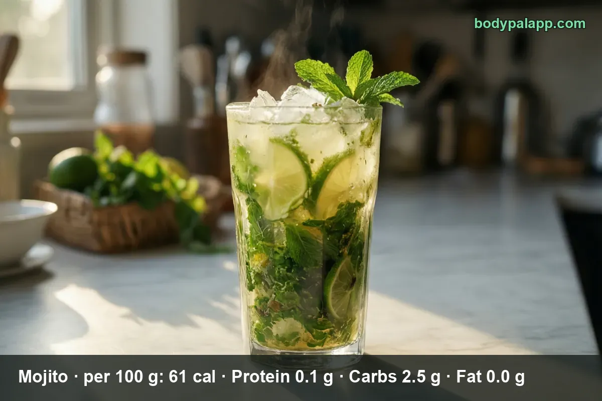 Tall glass of mojito with muddled mint, lime slices, ice and a mint sprig on top