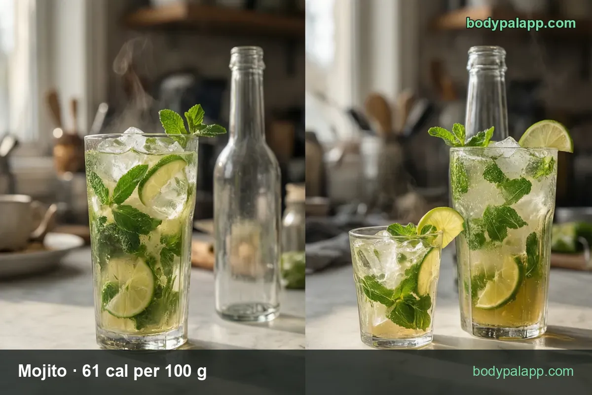 Short and tall mojito glasses with a lime wedge on the rim and a bottle behind, labeled 225 g 137 cal and 355 g 217 cal