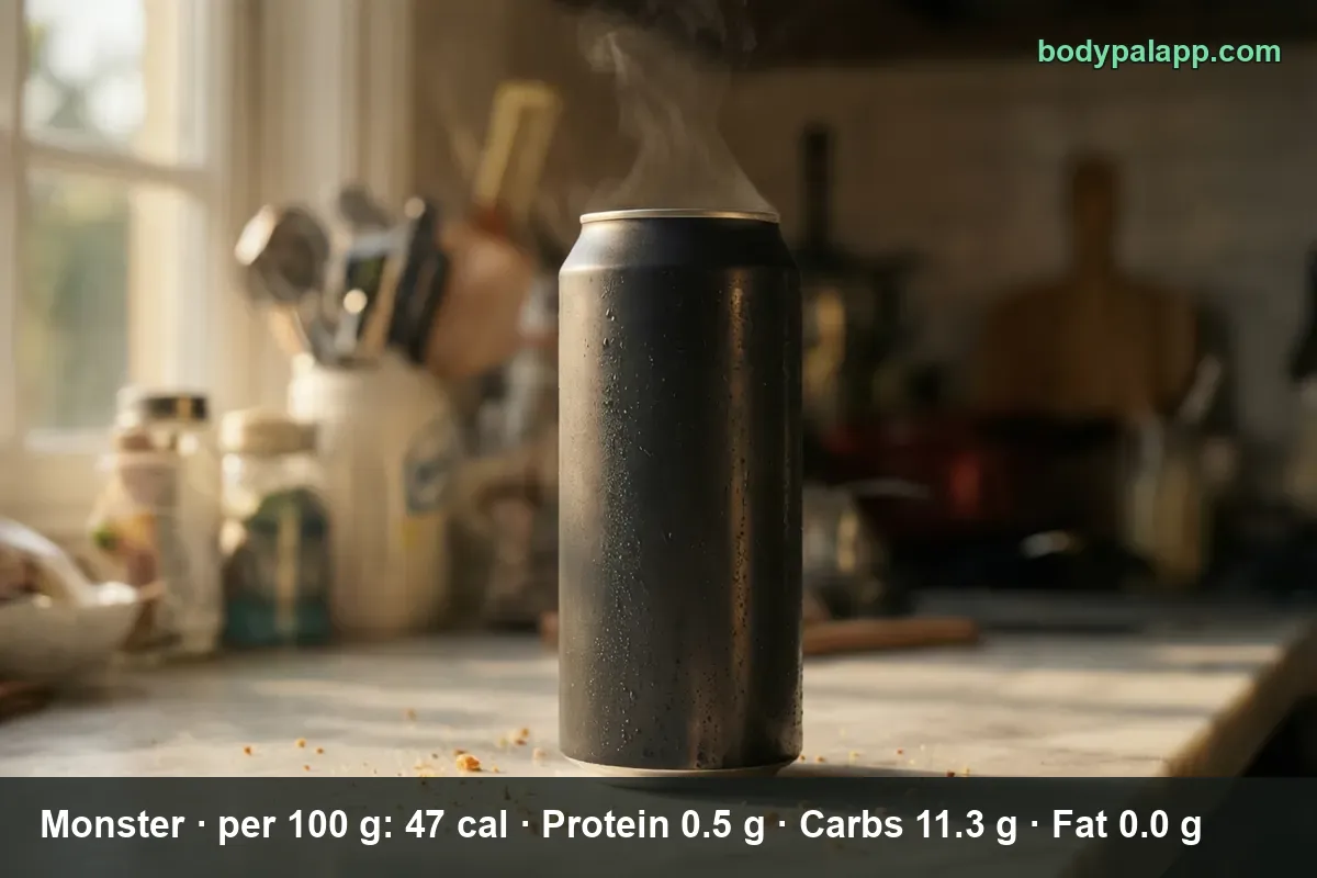 Unprinted black energy drink can with condensation droplets on a marble counter
