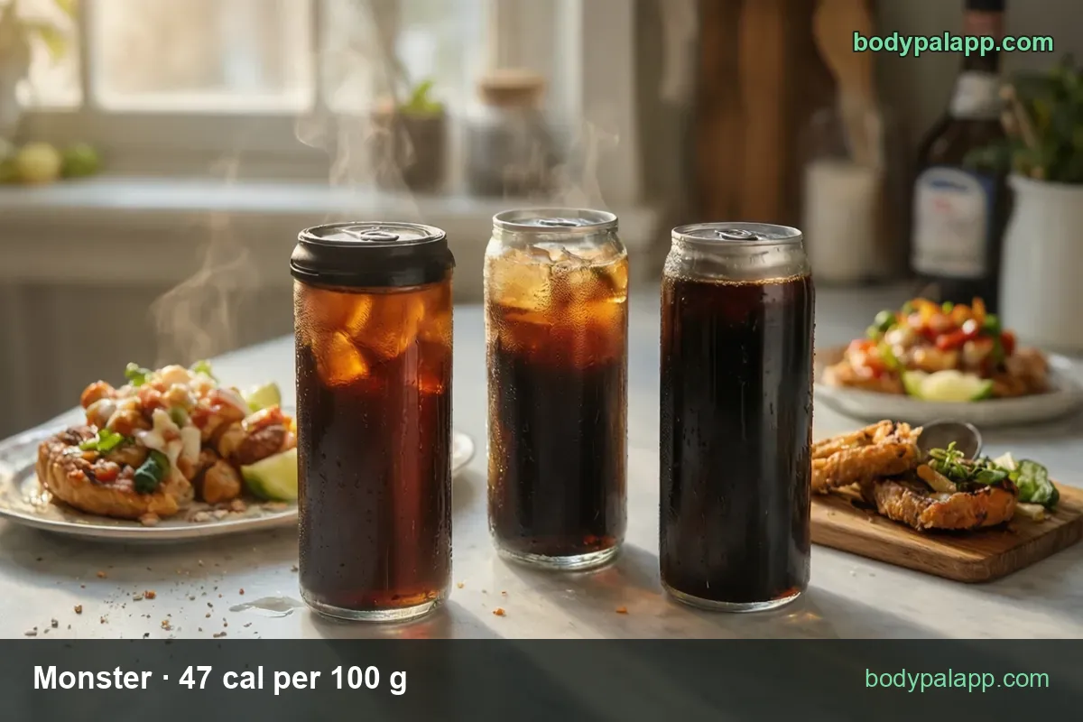 Three tall cans of dark iced energy drink on a marble counter; 16 fl oz can 233 cal, 12 fl oz can 175 cal