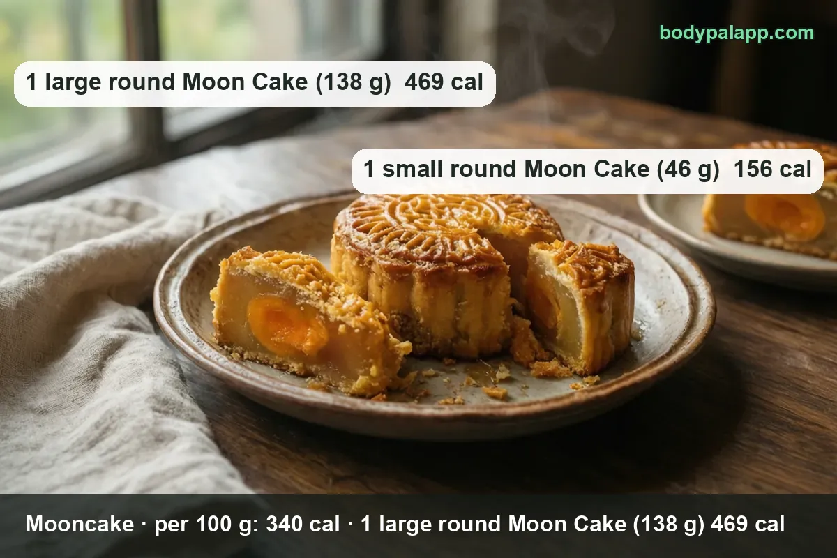 One whole stamped mooncake and cut halves showing orange salted egg yolk, labeled 1 large 138 g 469 cal and 1 small 46 g 156 cal