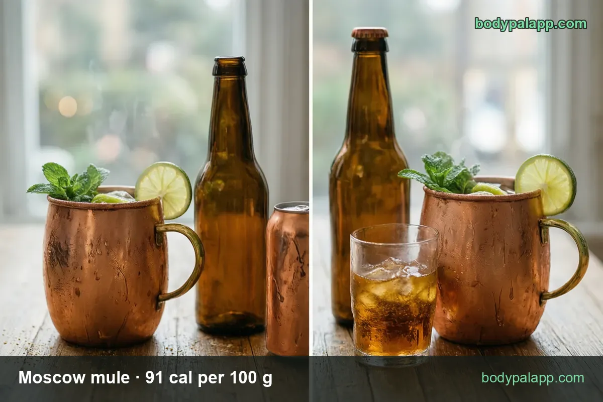 Brown capped bottle, a lowball glass of amber drink over ice and a copper mug with lime, labeled 1 drink 225 g and 8 fl oz mug