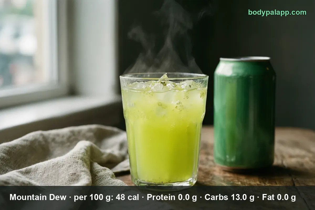 Glass of ice with yellow-green Mountain Dew soda next to a plain green can