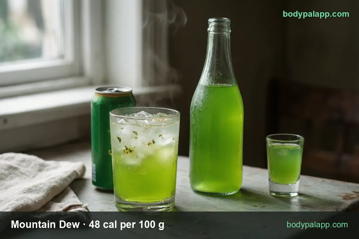 Green can, glass with ice, clear bottle and small cup of Mountain Dew: 1 can 355 g 170 cal, 1 glass 240 g 115 cal