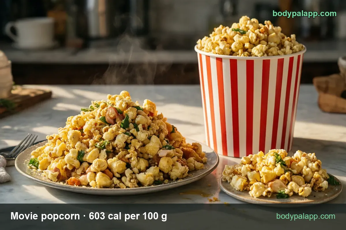 Plate of movie popcorn with green leaves and bacon bits and a small saucer, chips for 1 large order 187 g and 1 medium order 143 g