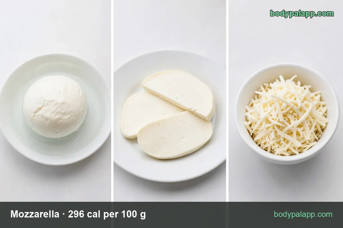 Mozzarella cheese with two serving chips: 1 cup shredded (113 g) 334 cal and 1 slice (21 g) 62 cal.