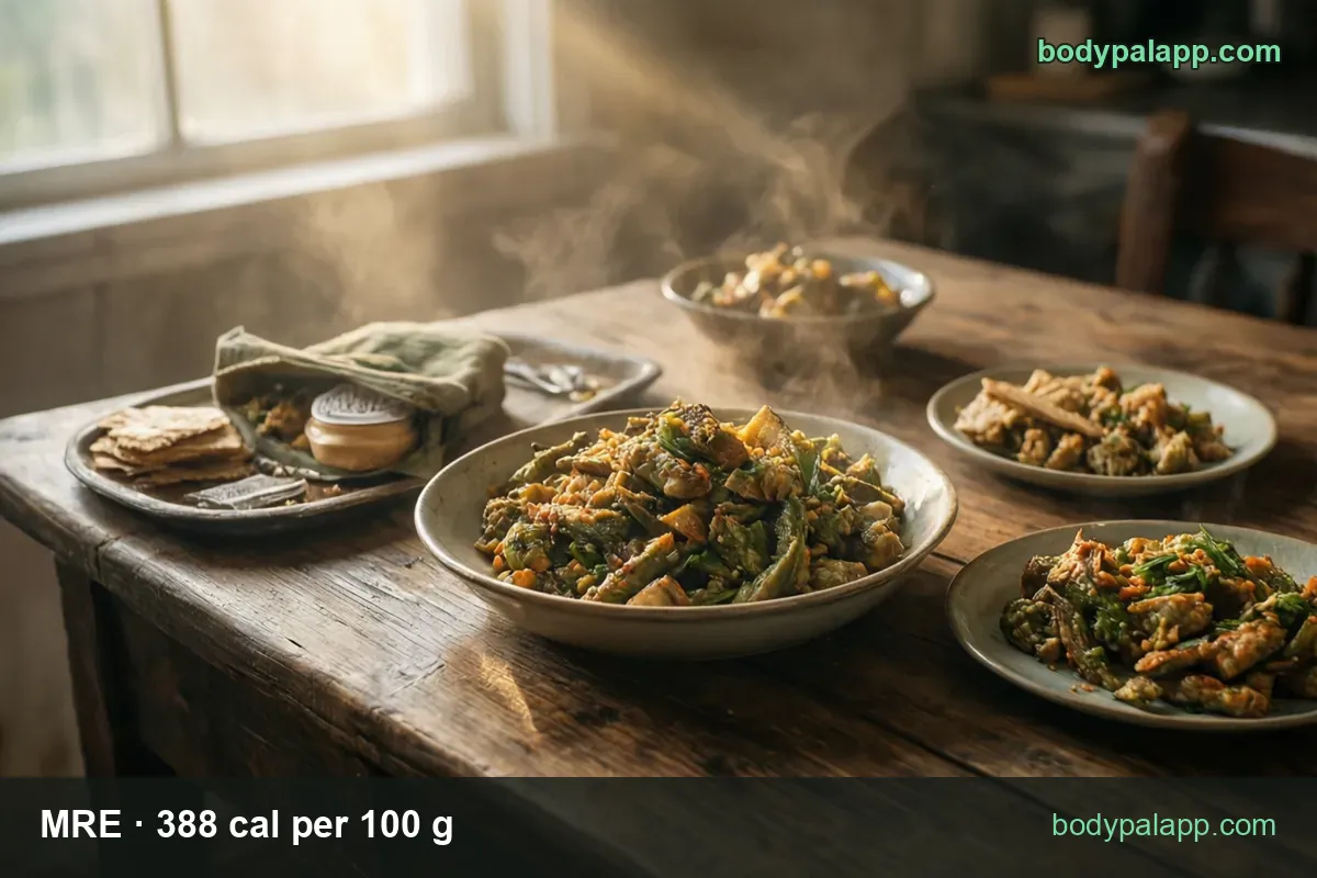 Bowls of meat and vegetable stew with crackers on a metal tray; 1 bar (67 g) 260 cal and 1 oz (28 g) 110 cal.