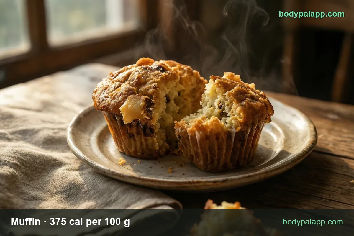 Muffin split in half on a plate, chocolate chips inside, a piece beside it; 1 medium (113 g) 424 cal, 1 large (139 g) 521 cal.