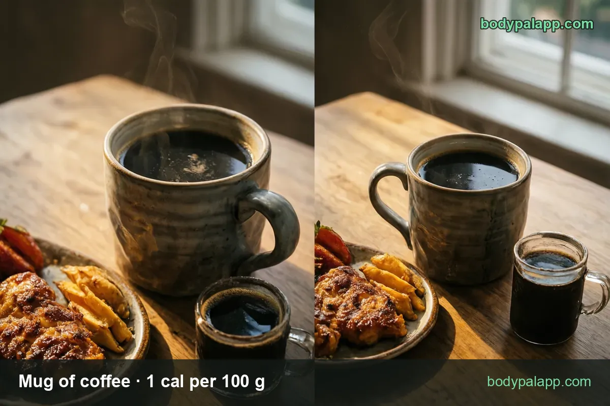 Large ceramic mug of black coffee next to a small glass cup of coffee, labeled 1 mug 12 fl oz 360 g 4 cal and 1 cup 8 fl oz 240 g 2 cal.