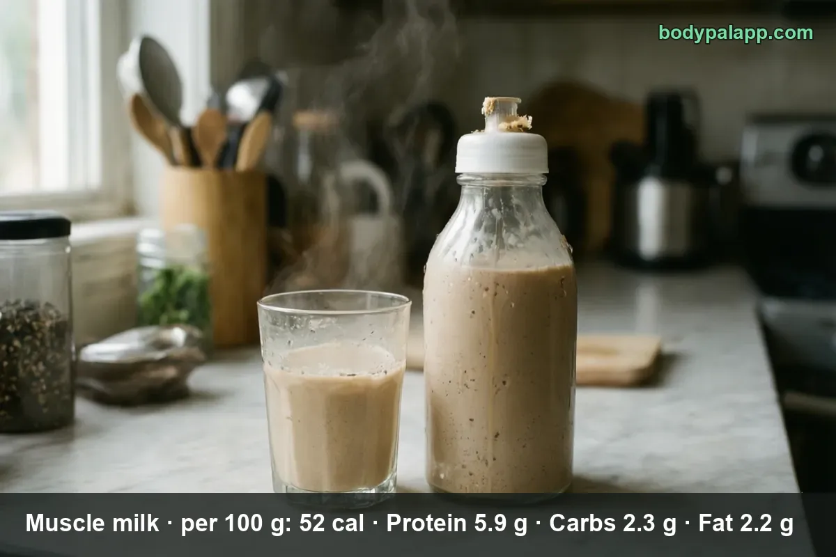 Glass bottle of chocolate Muscle Milk protein shake with a filled glass beside it and crumbs on the cap.