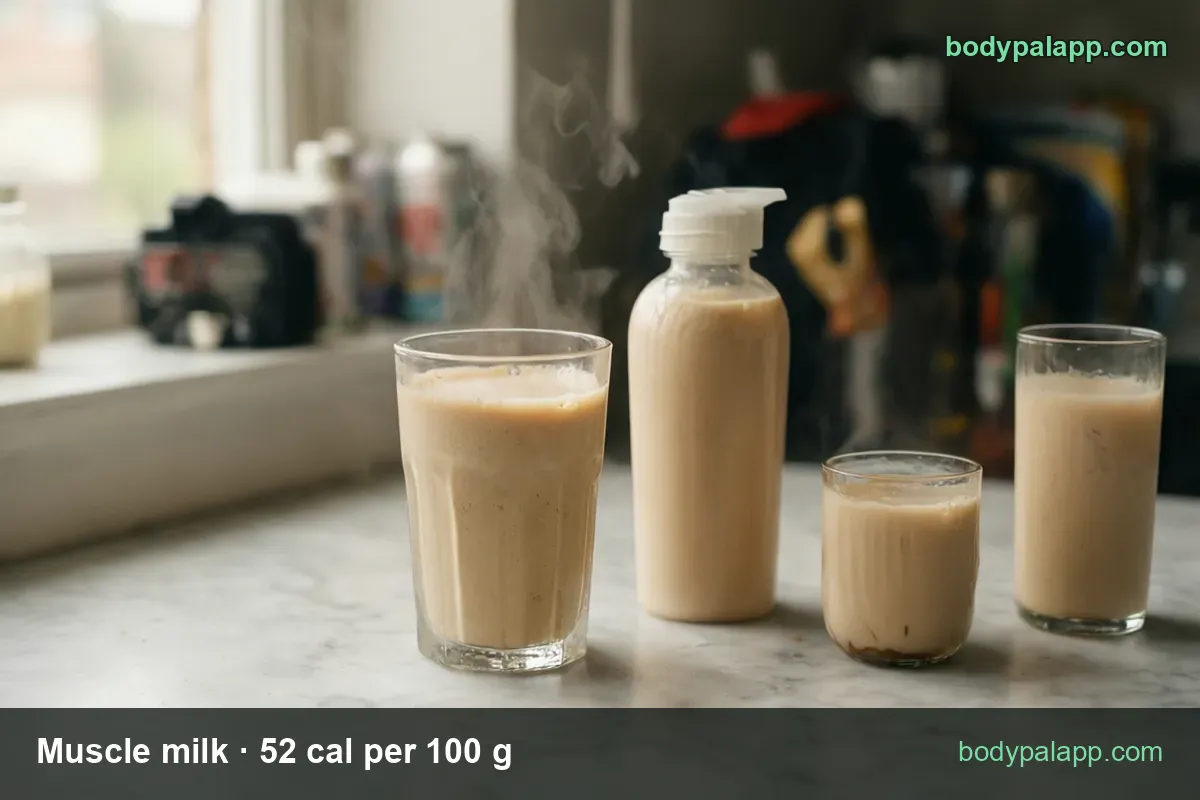 Plastic bottle and three glasses of beige protein shake on marble, labeled 1 bottle 14 fl oz 215 cal and 1 cup 123 cal.