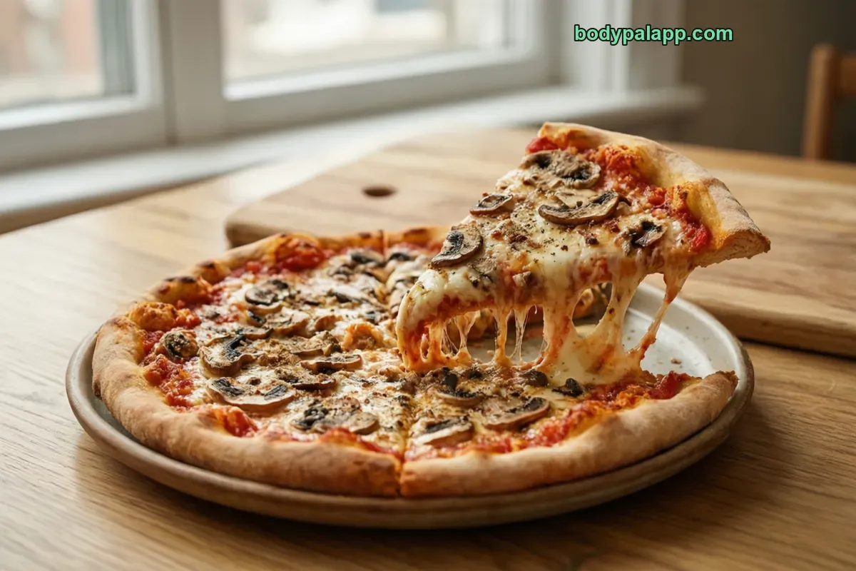Mushroom pizza, packaged, per label