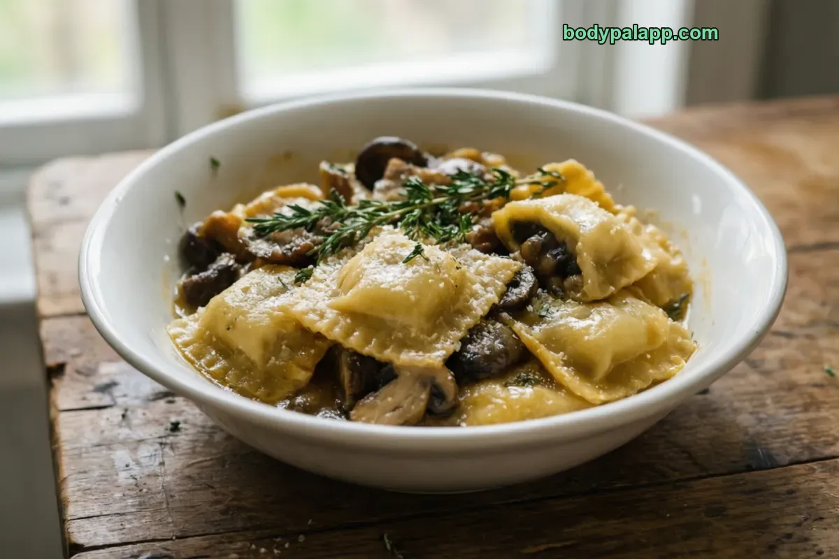 Mushroom ravioli, cooked, no sauce