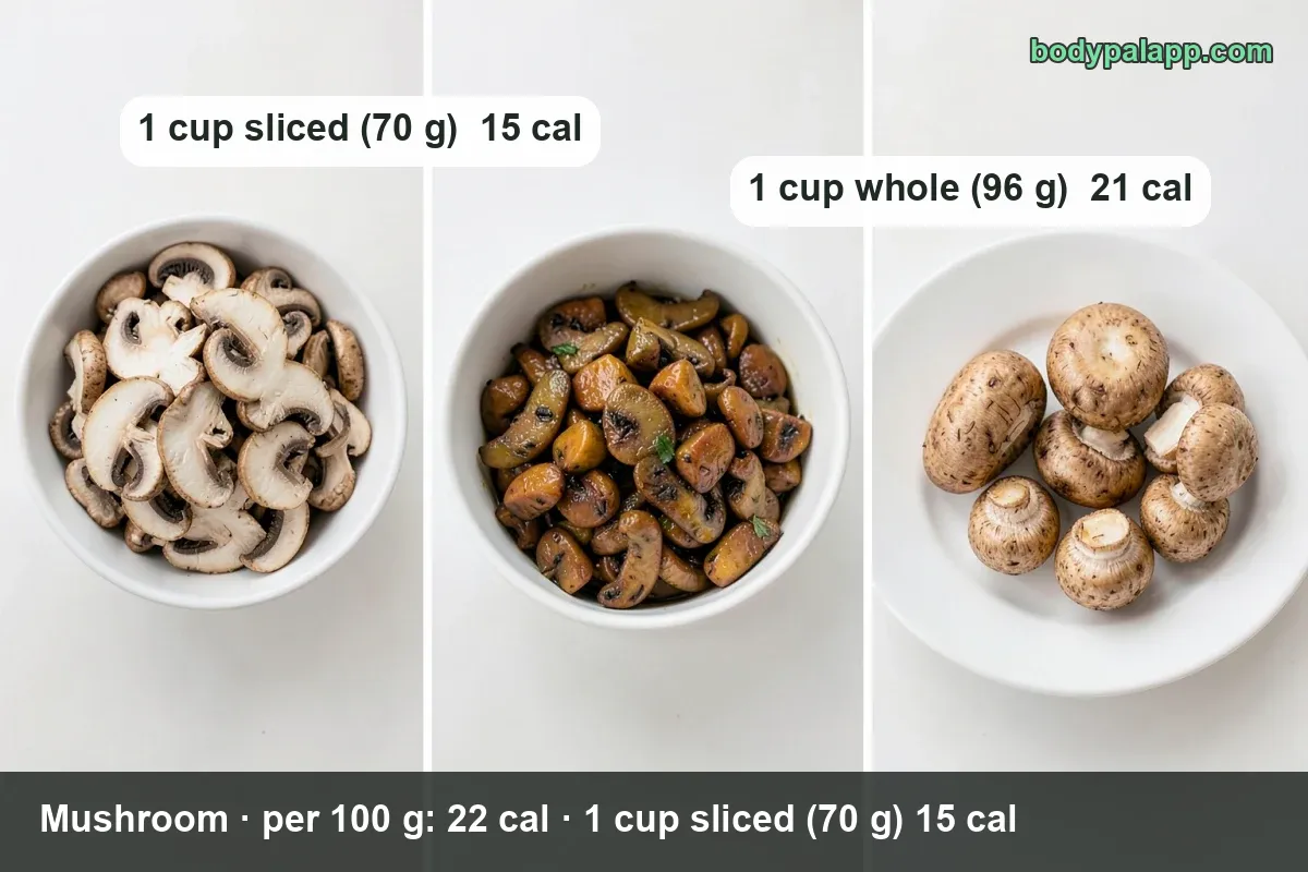 Three servings of sauteed mushrooms labeled 1 cup sliced (70 g) 15 cal and 1 cup whole (96 g) 21 cal