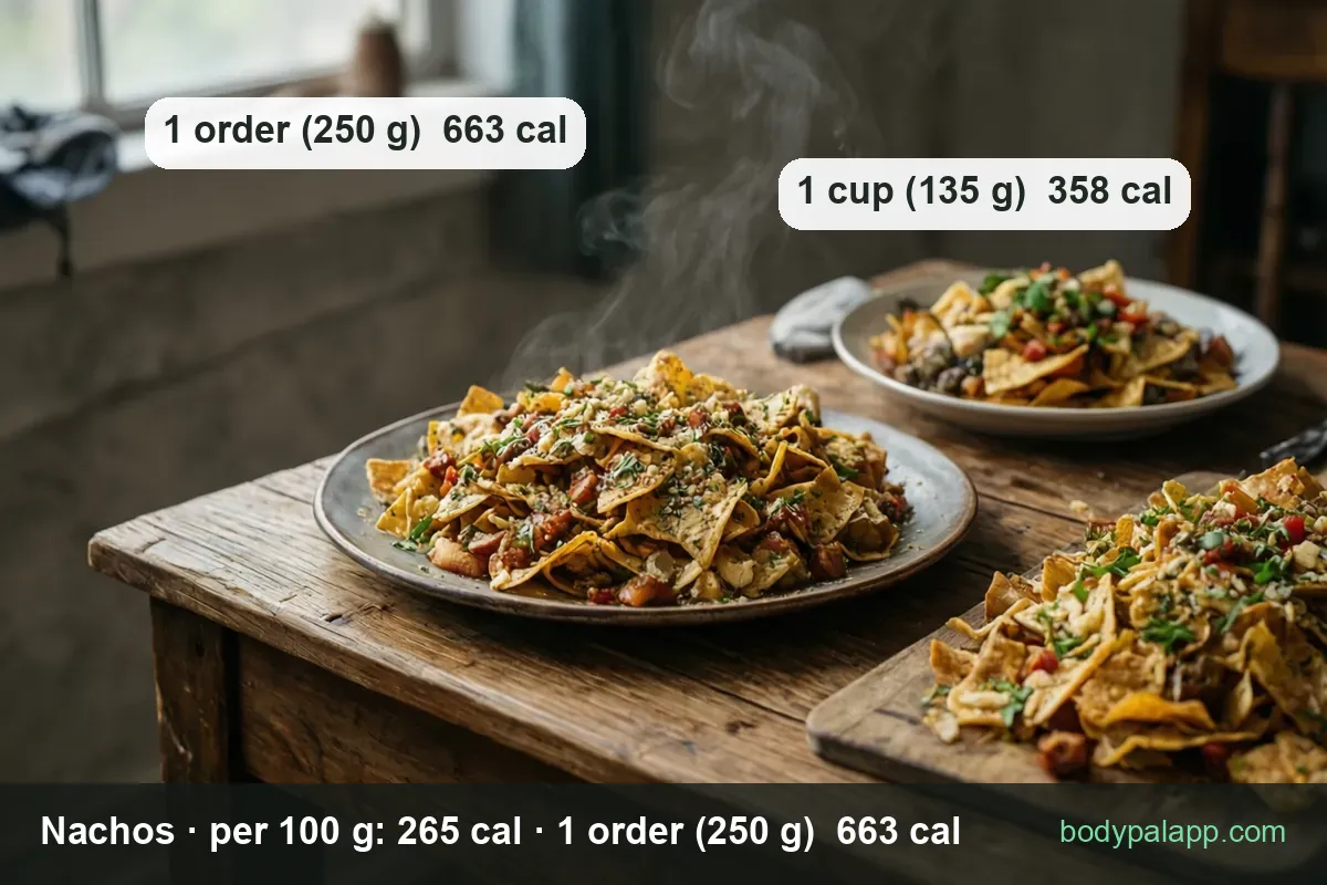 Three servings of nachos with corn chips, meat, tomatoes, beans and shredded cheese: 1 order 250 g 663 cal, 1 cup 135 g 358 cal