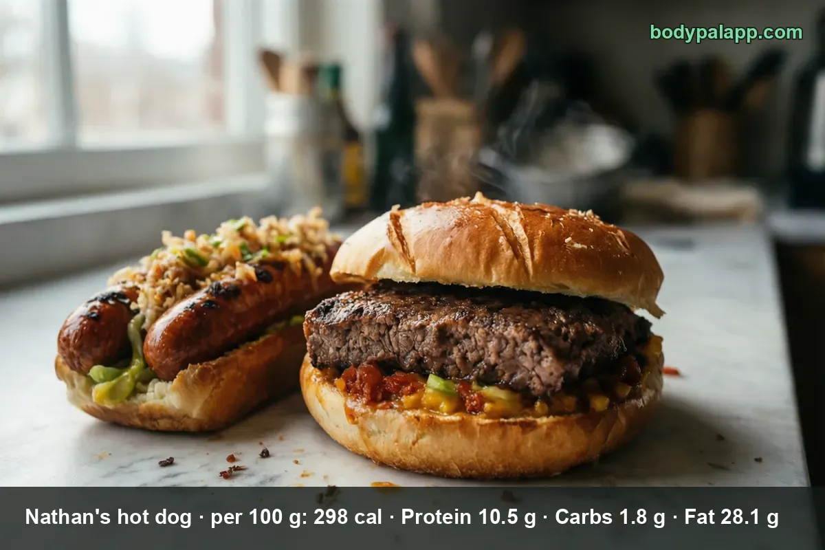 A beef hot dog in a bun with sauerkraut and onion next to a large hamburger