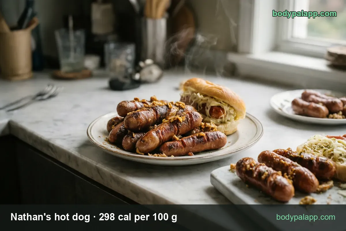 Plate of grilled beef franks and one in a bun with sauerkraut, labeled 1 link 57 g 170 cal and 2 links 114 g 340 cal