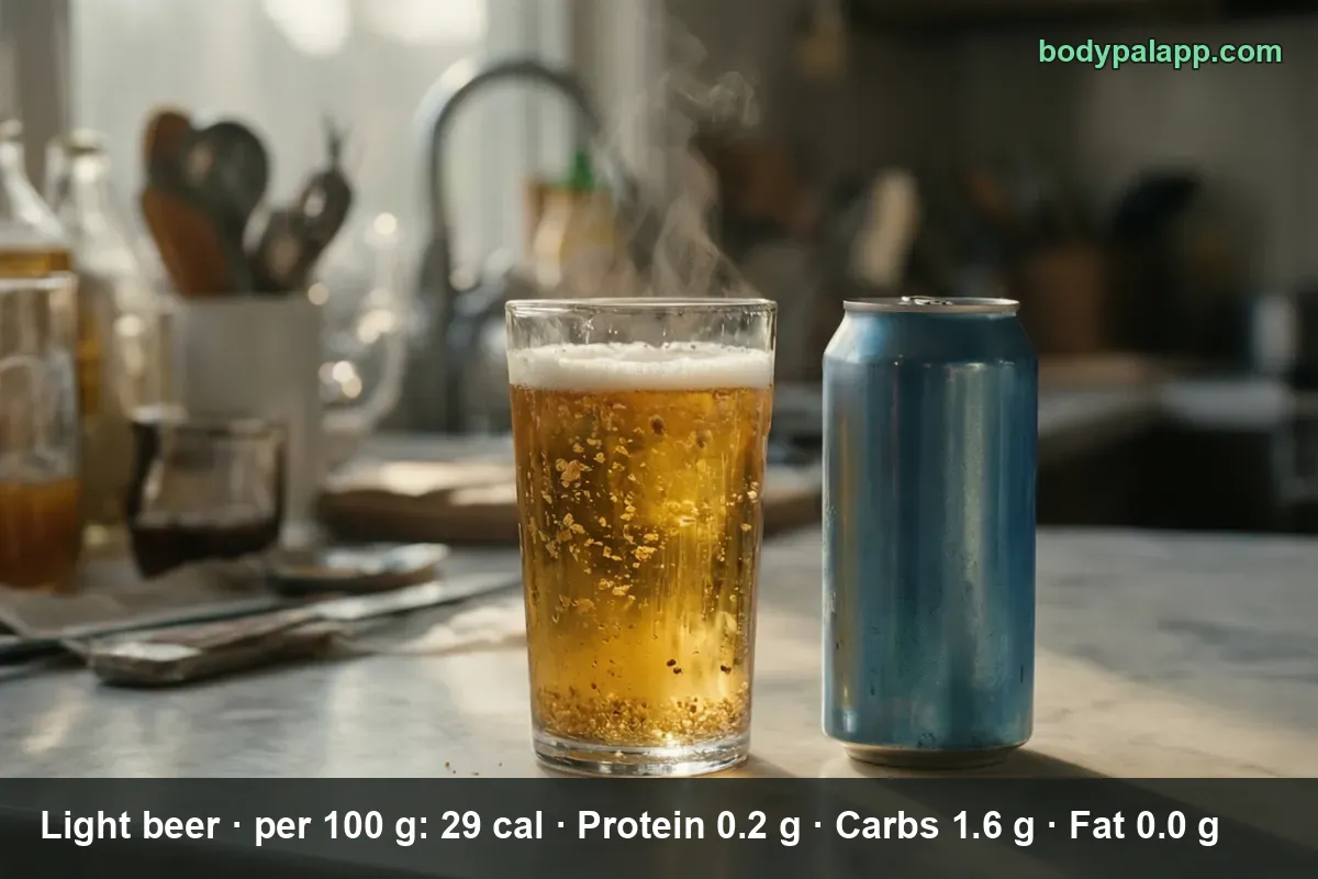 Glass of light beer with foam next to an unlabeled silver-blue can