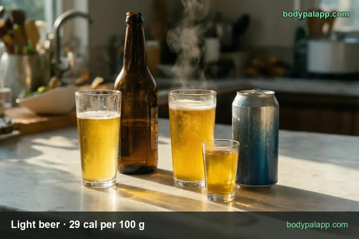 Two tall glasses of light beer, a small beer glass, a silver-blue can and a brown bottle; chips show 1 can (12 fl oz) 103 cal and 1 tall can (16 fl oz) 137 cal