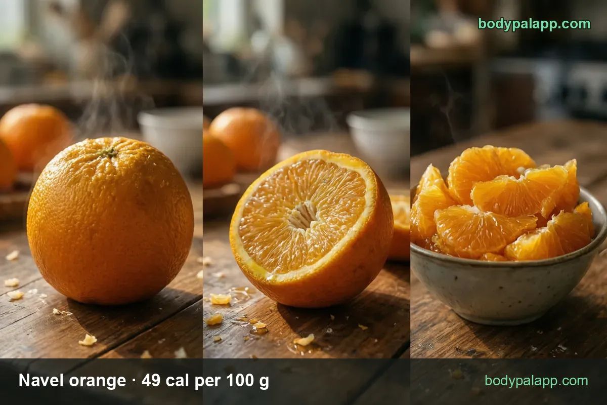 Whole navel orange, a halved orange and a bowl of peeled segments, with 1 medium orange 140 g and 1 cup 165 g chips