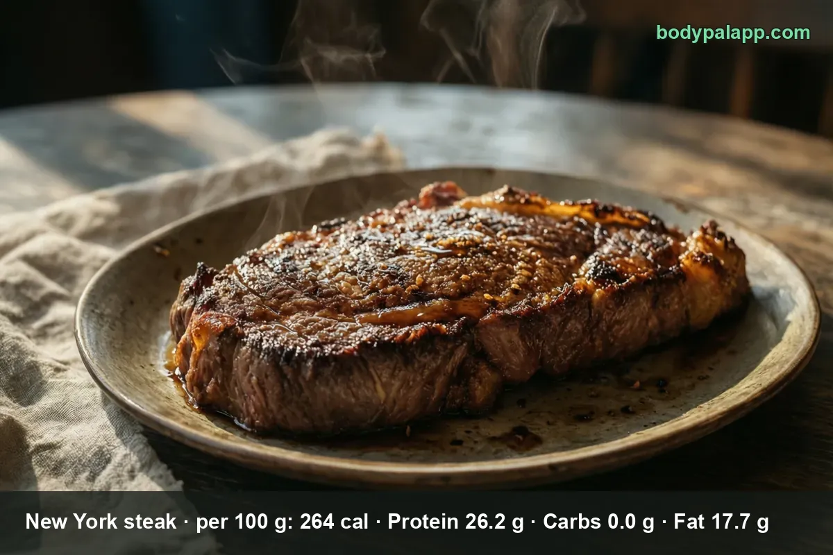 Whole grilled New York steak with a fatty edge strip, served on a plate