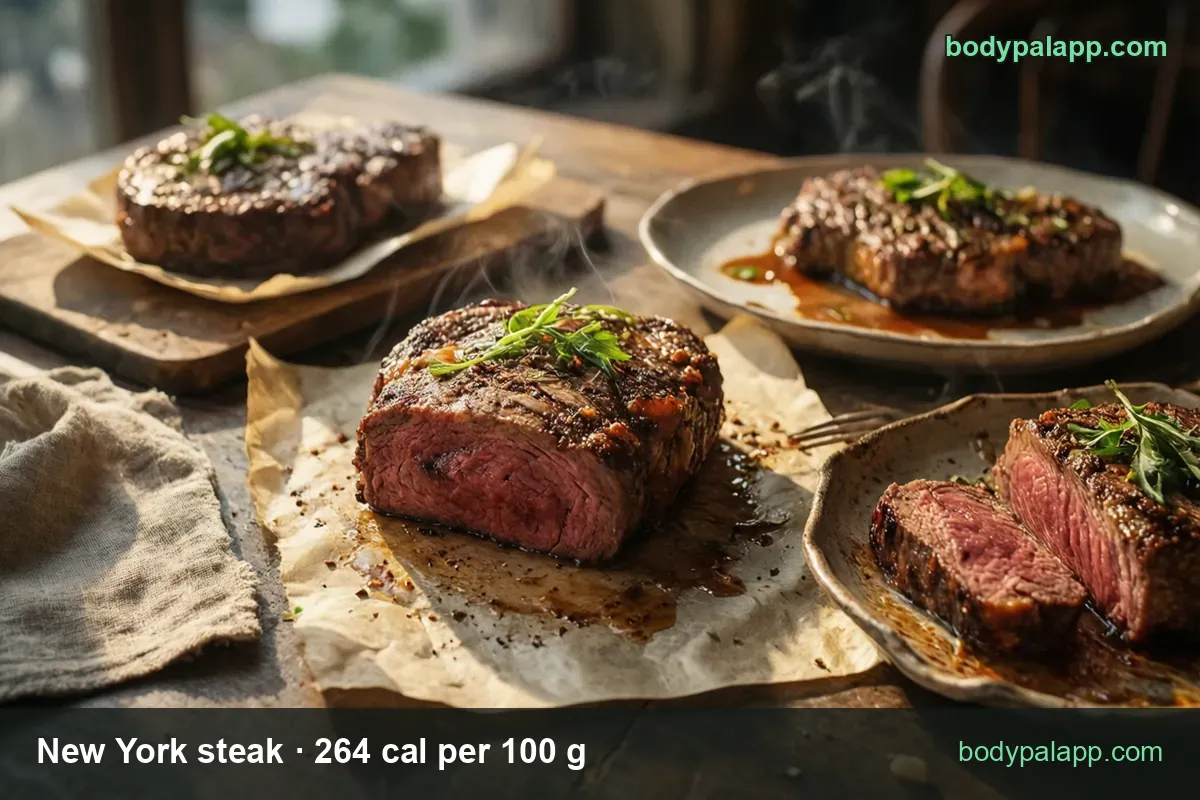 Grilled New York steaks on a board and plates, one halved showing a pink centre, with 4 oz (113 g) 298 cal and 8 oz (227 g) 599 cal chips