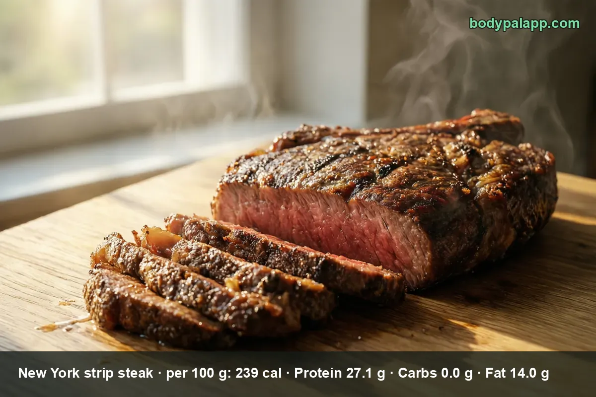 Grilled New York strip steak on a wooden board, cut into four medium-rare slices