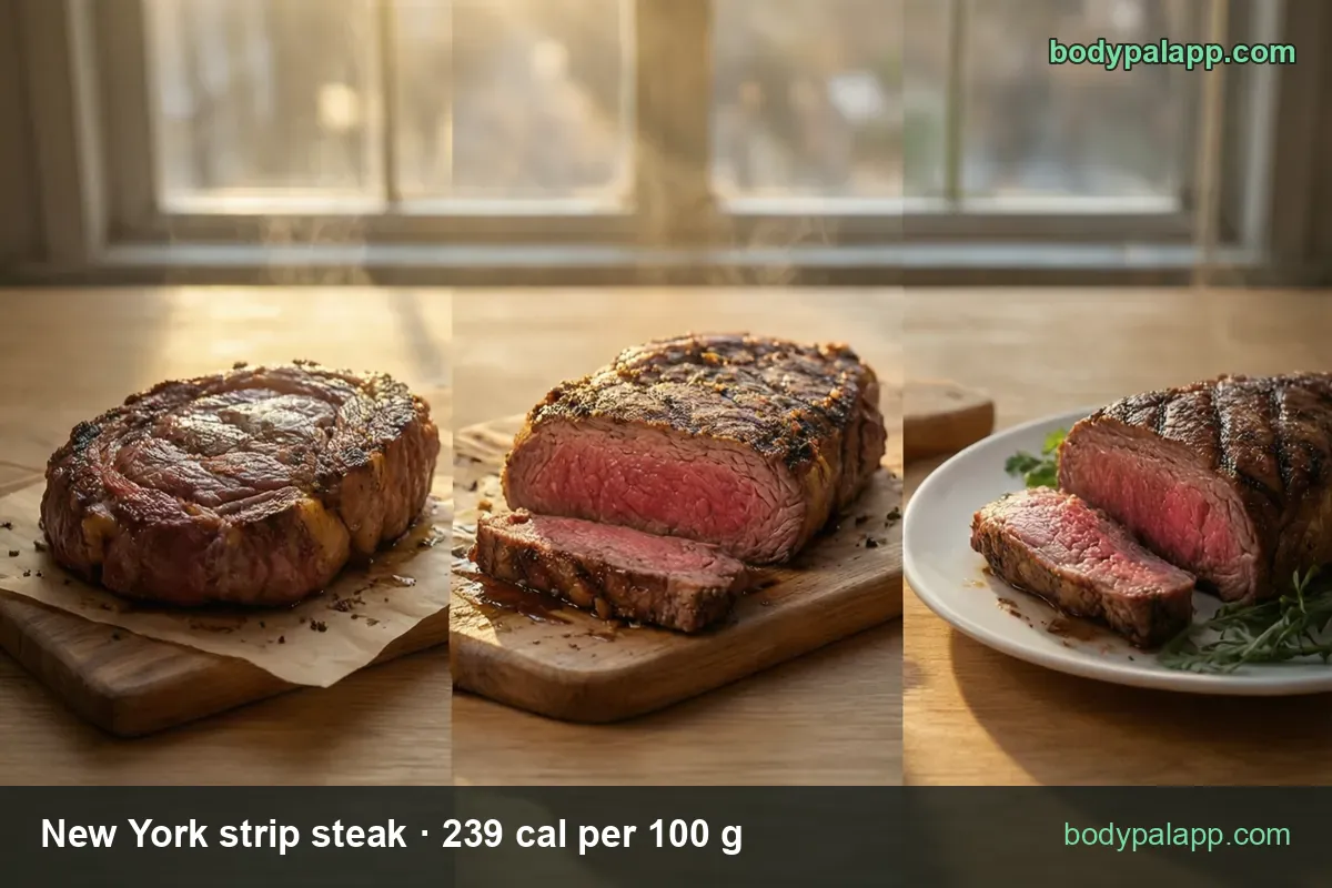 New York strip steak with one slice cut off showing a pink center, 6 oz (170 g) 406 cal and 1 steak (240 g) 574 cal