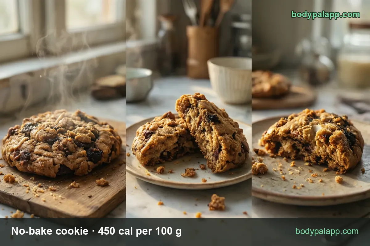 Three panels of no-bake cookies: one whole on a board, two halves on a plate, one bitten; 1 large (45 g) 203 cal, 1 medium (30 g) 135 cal.