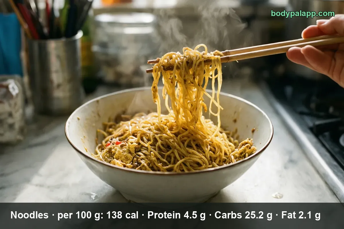 A bowl of cooked noodles with chopsticks lifting a steaming clump of strands