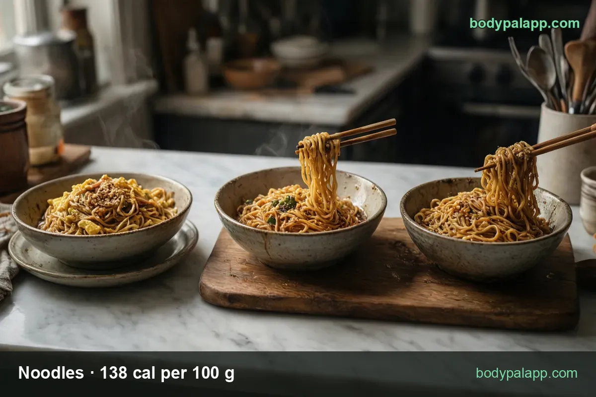 Three ceramic bowls of stir-fried noodles in brown sauce with minced meat and vegetables; chips read 1 cup 221 cal and 1/2 cup 110 cal