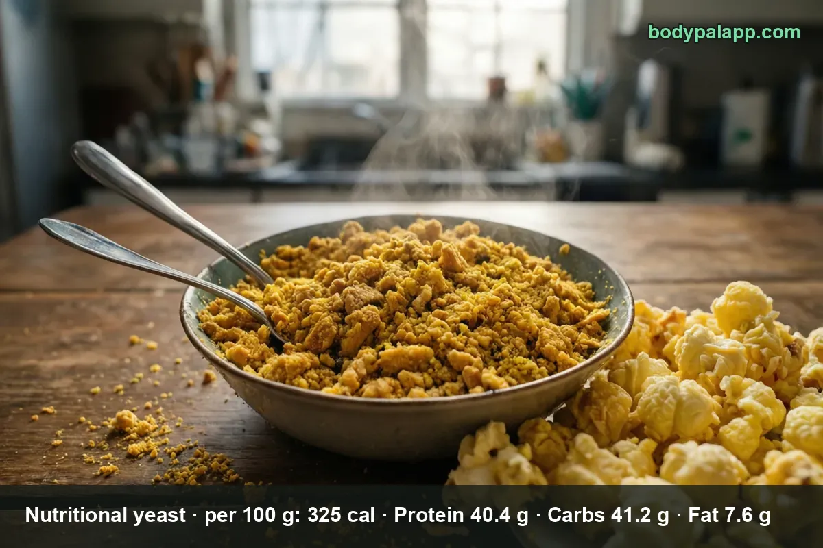 Bowl of yellow nutritional yeast flakes with two spoons and popcorn beside it
